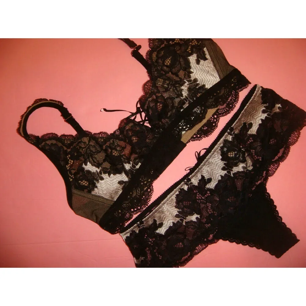 Victoria's Secret 36D BRA SET+M SLING+CORSET Black White Silver Sexy Seduction